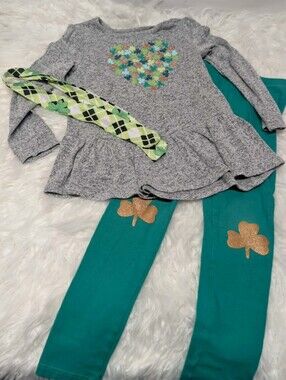 Cat & Jack Heather Gray Top with Green Pants Shamrock St.patricks Day Holiday